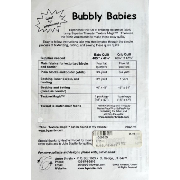 5/$20 - Texture Magic Quilt Pattern - Bubbly Babies by Superior Threads - Picture 2 of 2